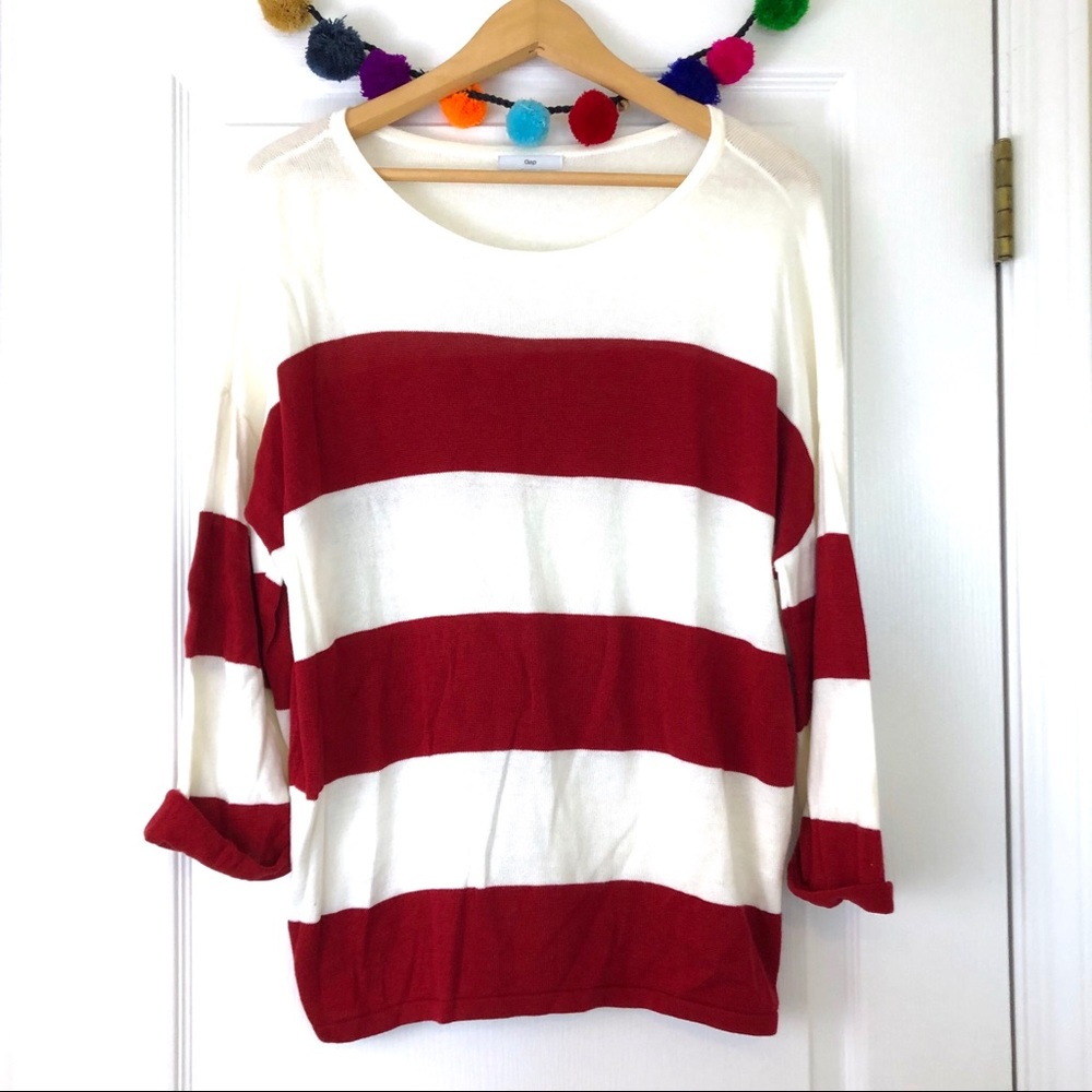 Gap Merlot Red & Cream White Striped Sweater
